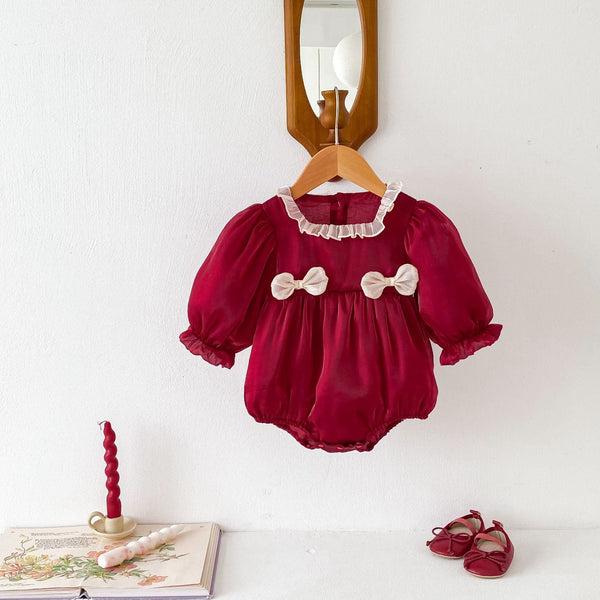 Autumn New Arrival Baby Girls Long Sleeves Square Ruffle Neck Double Butterfly-bows Attached Red Onesies