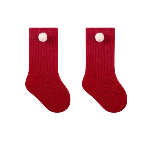 Warm Boneless Children’s Fleece-lined Socks for Autumn and Winter, Thickened and Festive Red