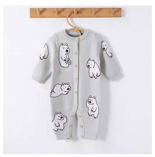 Autumn and Winter New Arrival Baby Unisex Simple Polar Bear Pattern Long Sleeves Knitted Rompers