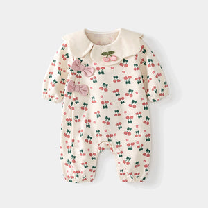 Autumn Baby Girl Cherry Pattern Flower Neck Rompers