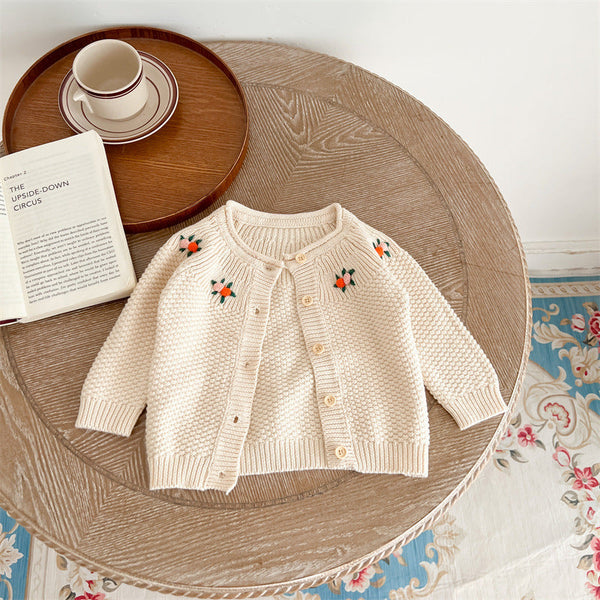 Autumn New Arrival Baby Kids Girls Comfortable Flowers Embroiedery Pattern Knitted Long Sleeves Cardigan