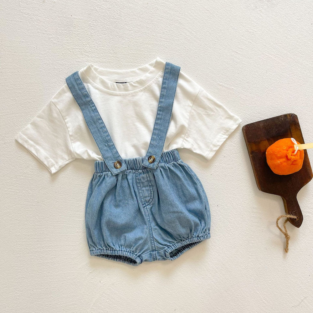 Baby Girl Solid Color Denim Fabric Strap Sling Shorts Rompers In Summer