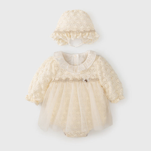 Autumn New Tulle Dress Design Baby Girls Beige Geometric and Heart Pattern Long Sleeves Onesies with Princess Collar and Hat