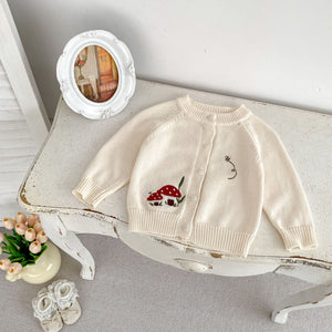 Autumn New Arrival Baby Kids Unisex Comfortable Mushrooms Embroiedery Pattern Knitted Long Sleeves Cardigan