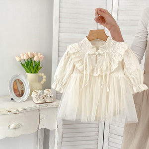 Autumn New Arrival Baby Girls Long Sleeves Stand Collar Floral Embroidery Tulle Onesies Dress