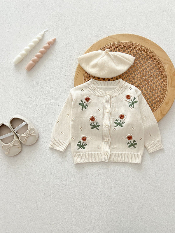 Autumn New Arrival Baby Kids Girls Comfortable Flowers Embroiedery Pattern Knitted Long Sleeves Cardigan