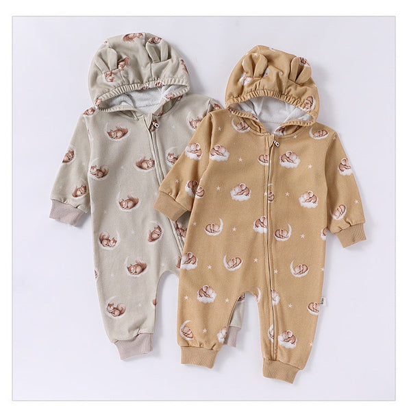 Autumn and Spring New Arrival Baby Unisex Simple Animals Pattern Long Sleeves Zip-up Rompers