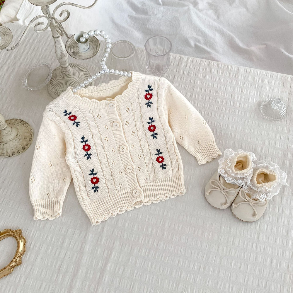 Autumn New Arrival Baby Kids Girls Comfortable Floral Pattern Embroidered Knitted Long Sleeves Cardigan