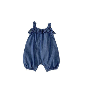 Baby Girl Solid Color Ruffle Design Denim Sleeveless Strap Bodysuit Onesies