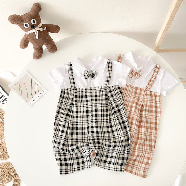 Baby Boy Plaid Pattern Polo-Neck Rompers