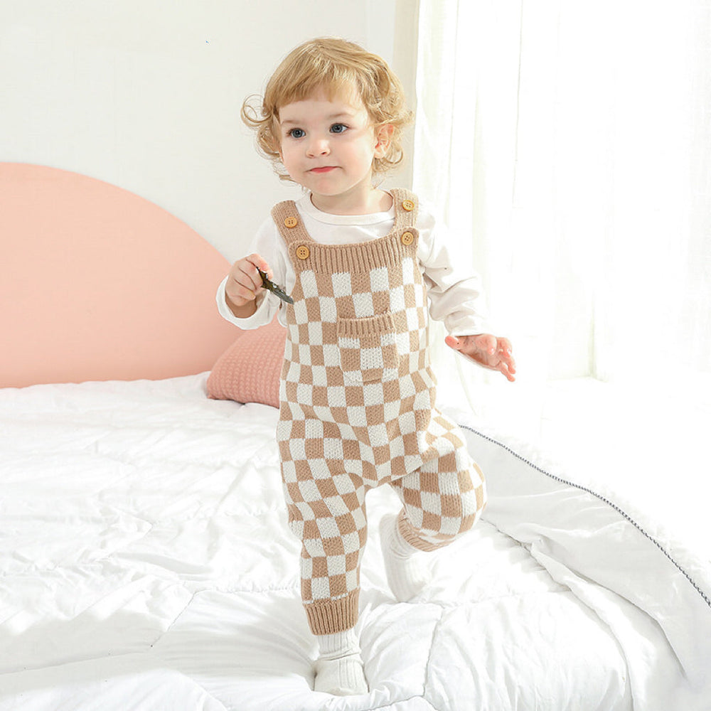 Baby Checkerboard Pattern Strap Design Knit Spring Autumn Rompers