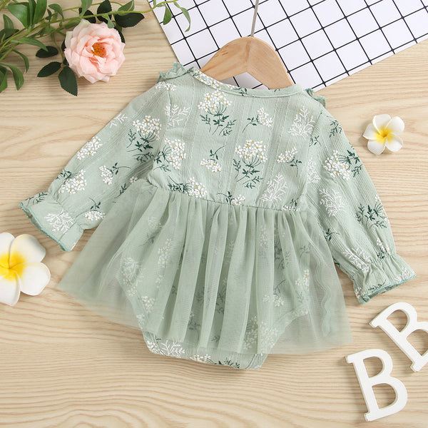 Baby Girl 1pcs Allover Grass Embroidered Graphic Mesh Overlay Dress Longsleeve Onesies