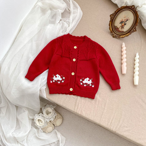 Arrival Baby Girls Comfortable Rabbits Embroidery Pattern Knitted Long Sleeves Cardigan