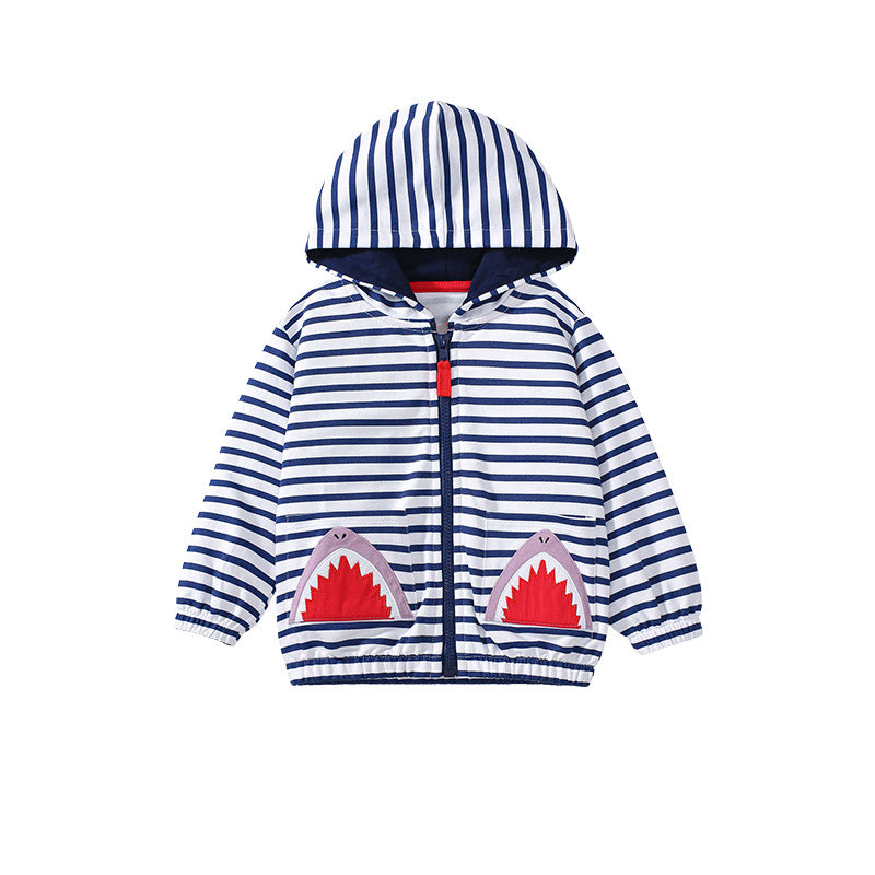 Arrival Baby Kids Girls Shark Pattern Pocketed Zip-up Striped Hoodie