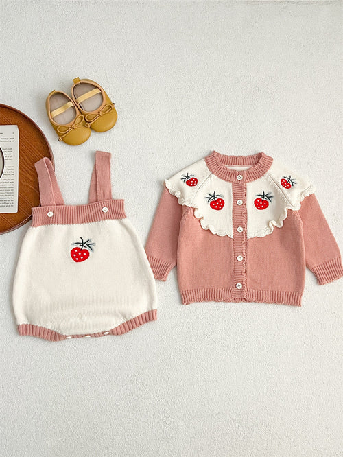 Arrival Autumn Baby Girls Long Sleeves Strawberry Embroidery Knitted Cardigan and Sleeveless Strap Bodysuits –  Clothing Set