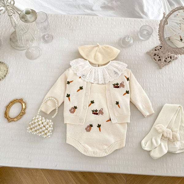 Arrival Autumn Baby Unisex Long Sleeves Cartoon Rabbits Embroidery Pattern Knitted Cardigan and Sleeveless Strap Bodysuits – Clothing Set