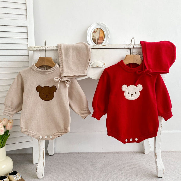 Autumn New Design Baby Unisex Teddy Bear Pattern Long Sleeves Crew Neck Knitted Onesies with Hat