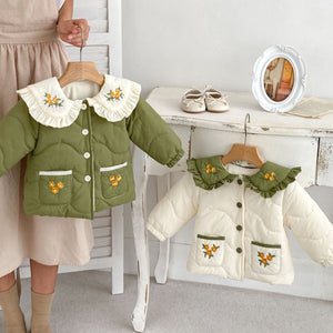 Winter New Arrival Baby Kids Girls Flowers Embroidery Single Breasted Thick Coat