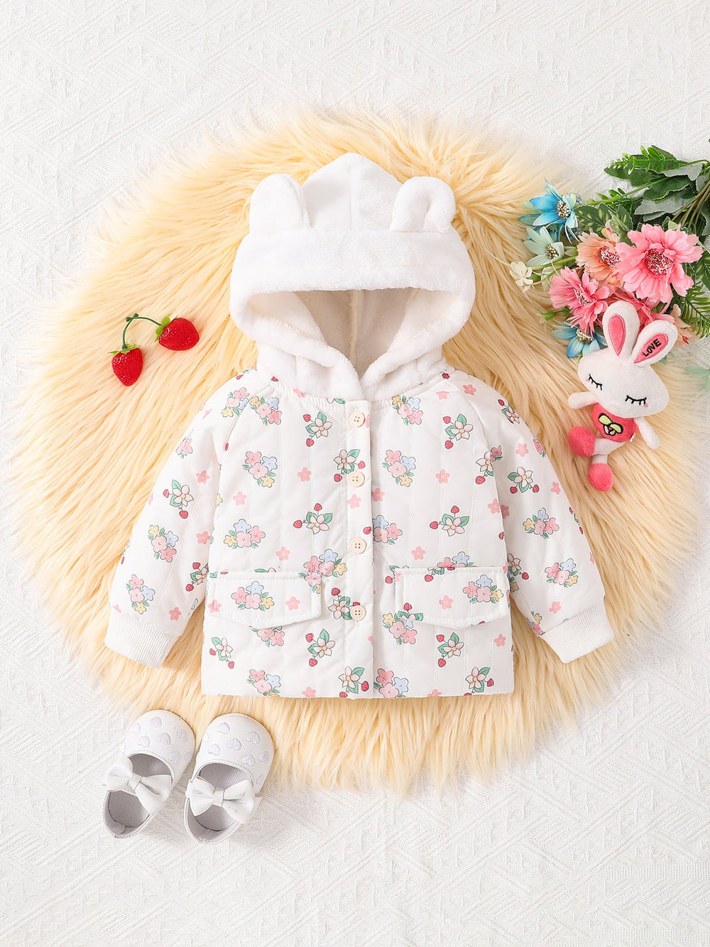 Baby Girls Floral White Rabbit Hoodie Design Popular Coat