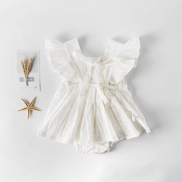 Baby Girl Belted Bow Tie Design Mesh Square Neck Solid White Onesies Dress