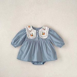 Autumn New Arrival Baby Girls Long Sleeves Flowers Embroidered Pattern Crew Neck Onesies Dress