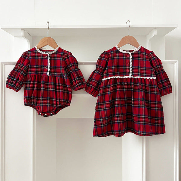 Arrival Autumn Vintage English Plaid Baby Kids Girls Ruffle Neck Onesies and Dress – Princess Sister Matching Set