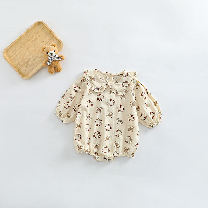 Baby Girl Flower Bear Print Pattern Doll Neck Sweet Bodysuit