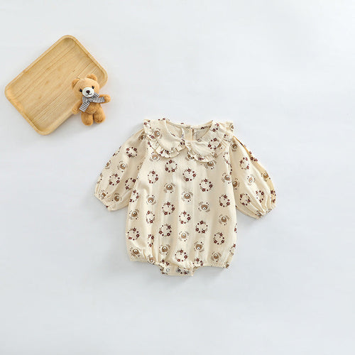 Baby Girl Flower Bear Print Pattern Doll Neck Sweet Bodysuit