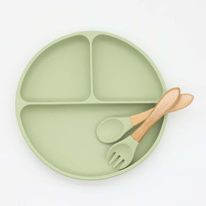 Baby Silicone Round Sucker Compartment Dinner Plate With Spoon Fork Sets