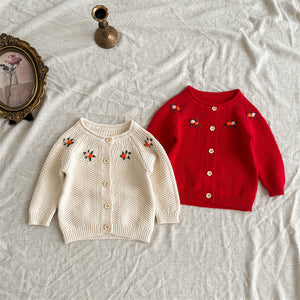 Autumn New Arrival Baby Kids Girls Comfortable Flowers Embroiedery Pattern Knitted Long Sleeves Cardigan