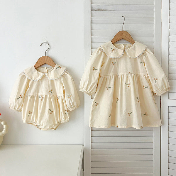 Arrival Autumn Baby Kids Girls Long Sleeves Daisy Floral Embroidery Pattern French Collar Onesies and Dress – Princess Sister Matching Set