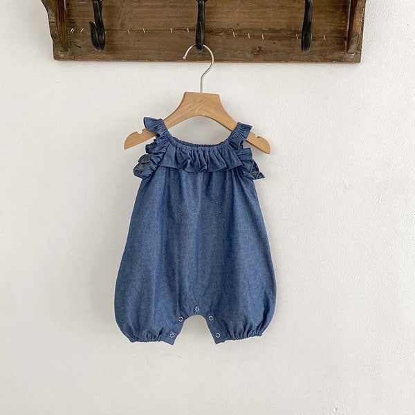 Baby Girl Solid Color Ruffle Design Denim Sleeveless Strap Bodysuit Onesies