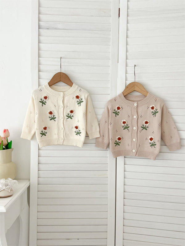 Autumn New Arrival Baby Kids Girls Comfortable Flowers Embroiedery Pattern Knitted Long Sleeves Cardigan