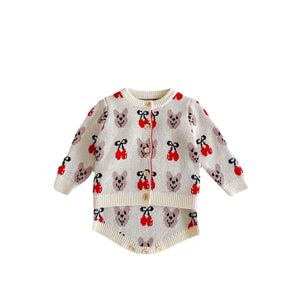 Baby Girl 1pcs Allover Cartoon Bear & Cherry Embroidered Graphic Bodysuit & Cardigan Knitted Sets