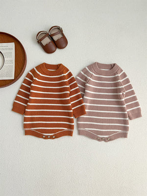 Autumn New Arrival Baby Unisex Long Sleeves Striped Crew Neck Knitted Onesies