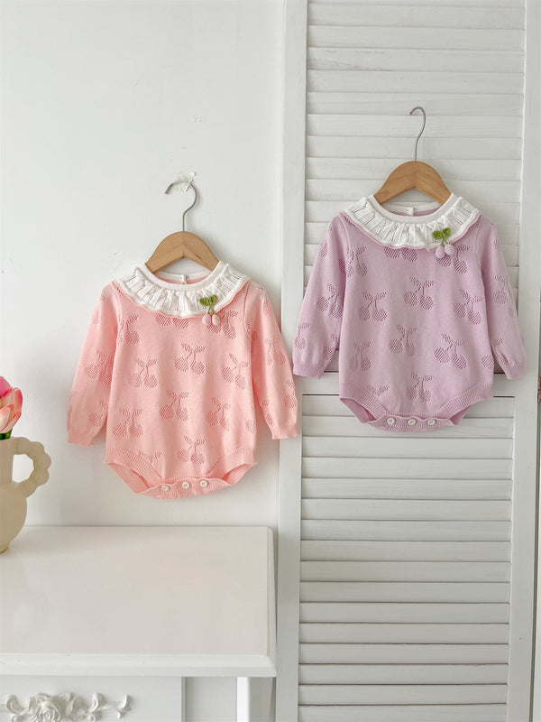 Autumn New Arrival Baby Girls Cheery Hollow-out Pattern Long Sleeves Onesies with Collar