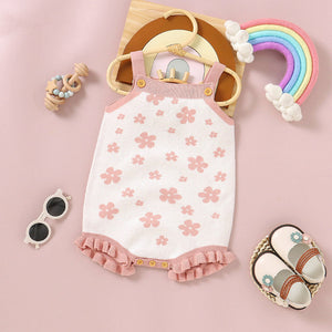 Baby Floral Pattern Ruffle Design Sling Knitted Onesies