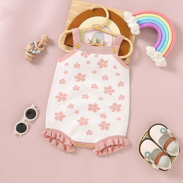 Baby Floral Pattern Ruffle Design Sling Knitted Onesies