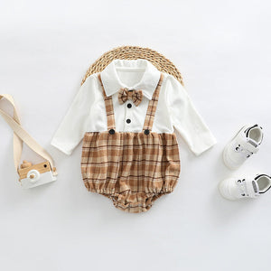 Baby Plaid Pattern False 1 Pieces Design Bow Tie Decoration Bodysuit