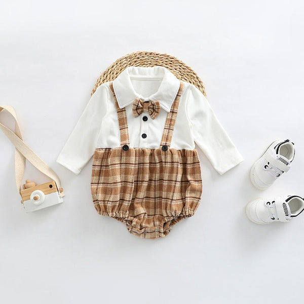 Baby Plaid Pattern False 1 Pieces Design Bow Tie Decoration Bodysuit