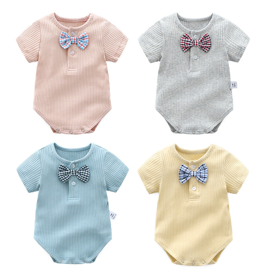 Baby Boy And Girl Solid Color Bow Tie Design Short Sleeve Buttoned Onesies