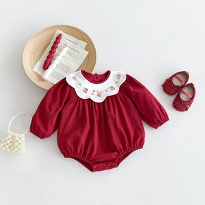 Autumn New Arrival Baby Girls Long Sleeves Rabbit and Cherry Embroidery Collar Red Onesies