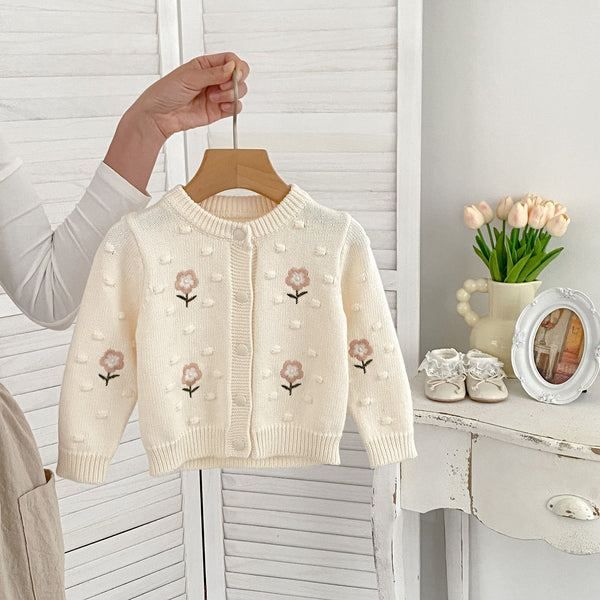 Autumn New Arrival Baby Kids Girls Comfortable Flowers Embroiedery and Dots Jacquard Pattern Knitted Long Sleeves Cardigan