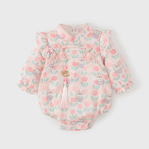 Autumn New Arrival Baby Girls Flowers and Rabbits Pattern Long Sleeves Onesies with Stand Collar