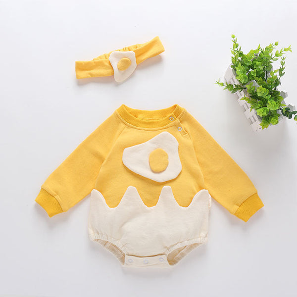 Baby Cartoon Egg Shape Design Long Sleeved Cute Bodysuit With Headband