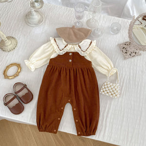 New Arrival Baby Kids Girls Flowers Pattern Long Sleeves Top and Brown Overalls Strap Rompers