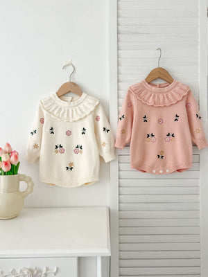 Autumn New Arrival Baby Girls Flowers and Butterfly Embroidery Pattern Long Sleeves Onesies with Collar