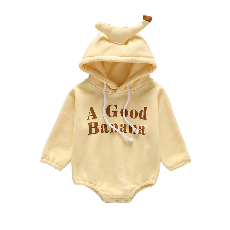 Baby Slogan Print Pattern 3D Banana Patched Hat Long Sleeved Bodysuit Onesies