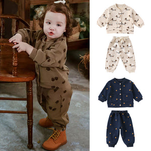 Autumn Baby Kids Unisex Long Sleeves Cartoon Print Coat and Long Trousers – Clothing Set