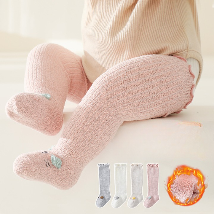 Baby Cartoon Design Coral Fleece Wooden Ear Thickened Long Tube Socks